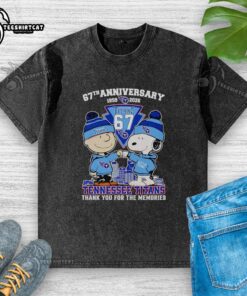 Alt Text: Original Peanuts 67th Anniversary 1959-2026 Tennessee Titans thank you for the memories washed t-shirt design.