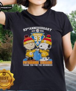 Original Peanuts 93rd Anniversary 1933-2026 Pittsburgh Steelers Ladies Tee celebrating memories with vibrant design.