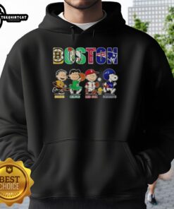 Original Peanuts hoodie featuring Boston sports teams: Bruins, Celtics, Red Sox, and Patriots in vibrant colors.
