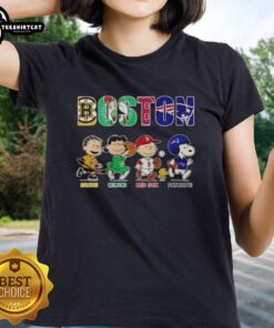 Alt Text: Original Peanuts Boston sports teams ladies tee featuring Bruins, Celtics, Red Sox, and Patriots graphics.