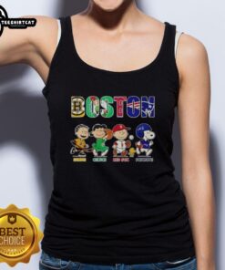 Alt Text: Original Peanuts Boston sports teams tank top featuring Bruins, Celtics, Red Sox, and Patriots logos.