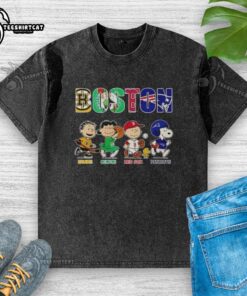 Original Peanuts Boston sports teams washed t-shirt featuring Bruins, Celtics, Red Sox, and Patriots logos.
