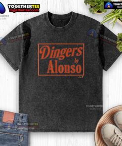 Alt Text: Original Pete Alonso Baltimore Dingers sign on a washed t-shirt, showcasing MLB fan merchandise.