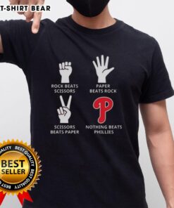 Alt Text: Original Philadelphia Phillies T-Shirt featuring 'Nothing Beats Rock Beats Scissors Paper Beats Rock Scissors Beats Paper' design.