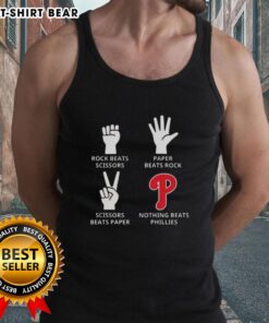 Original Philadelphia Phillies tank top featuring 'Nothing Beats Rock, Paper, Scissors' graphic design.
