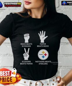Alt Text: Original Pittsburgh Steelers ladies tee featuring 'Nothing Beats Rock, Scissors Paper Beats Rock' graphic design.