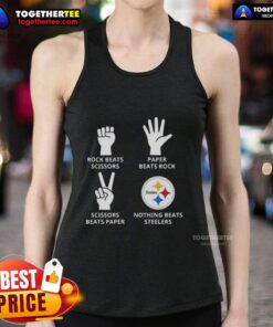 Original Pittsburgh Steelers tank top featuring 'Nothing Beats Rock, Beats Scissors, Paper Beats Rock, Scissors Beats Paper' design.