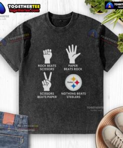 Original Pittsburgh Steelers washed t-shirt featuring 'Nothing Beats Rock, Scissors, Paper Beats Rock, Scissors Beats Paper' design.