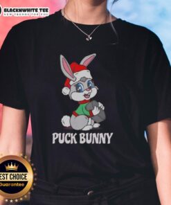 Original Puck Bunny Christmas Ladies Tee featuring festive design with playful hockey motifs perfect for holiday wear.