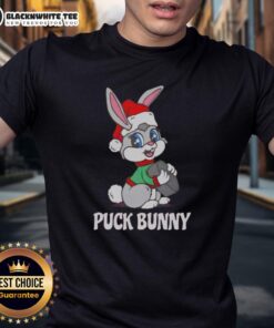 Original Puck Bunny Christmas T-Shirt featuring festive hockey-themed design and playful graphics for holiday cheer.