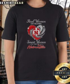 Original Real Women Love Volleyball Nebraska Ladies Tee in stylish design for smart women who support their team.