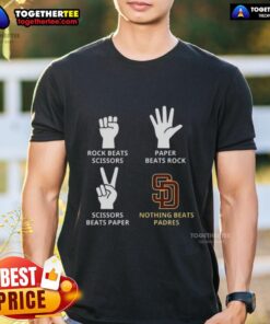 Original San Diego Padres T-shirt featuring 'Nothing Beats Rock Beats Scissors Paper Beats Rock Scissors Beats Paper' design.