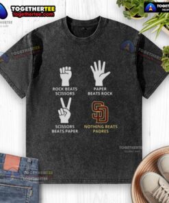 Alt Text: Original San Diego Padres t-shirt featuring Nothing Beats Rock, Paper, Scissors graphic design in vibrant colors.