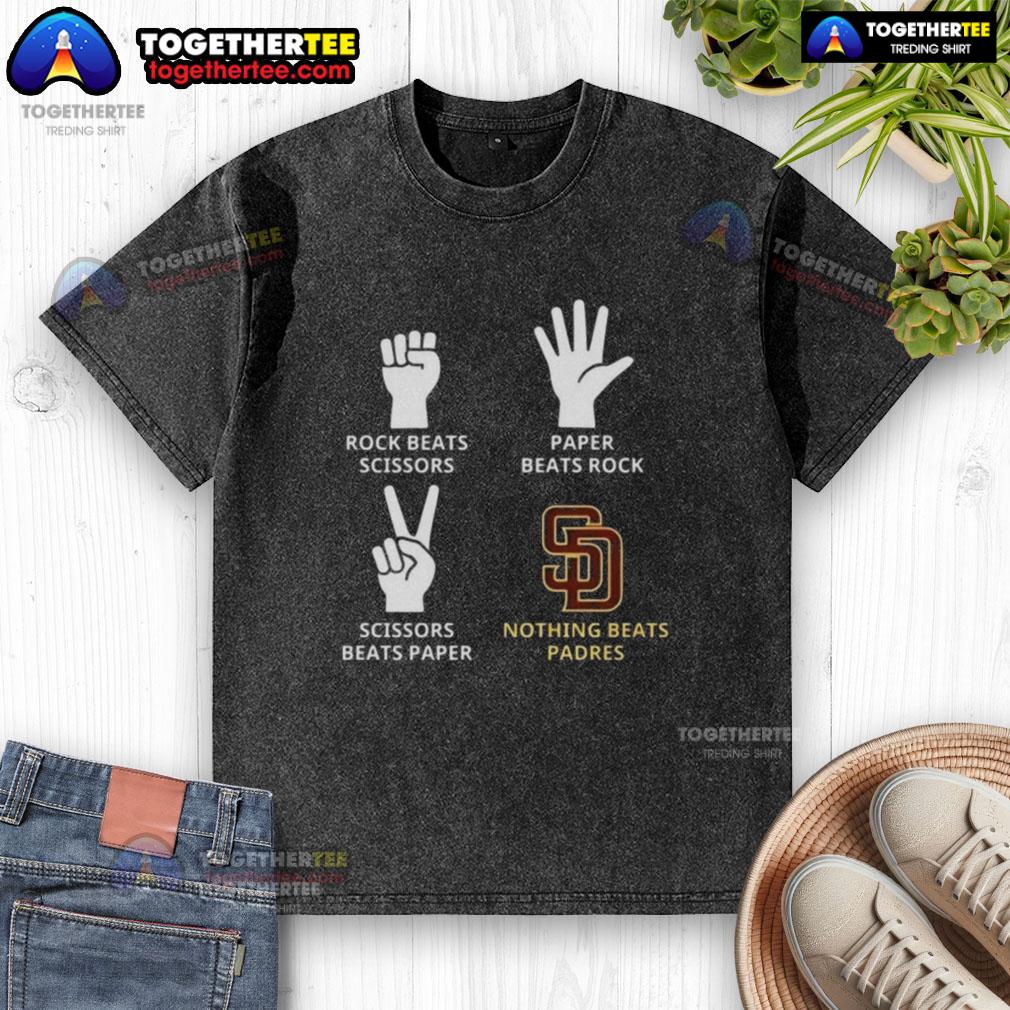 Original San Diego Padres Nothing Beats Rock Beats Scissors Paper Beats Rock Scissors Beats Paper Washed T-Shirt Alt Text: Original San Diego Padres t-shirt featuring Nothing Beats Rock, Paper, Scissors graphic design in vibrant colors.