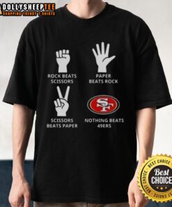 Alt Text: Original San Francisco 49ers T-shirt featuring 'Nothing Beats Rock, Paper, Scissors' design in team colors.