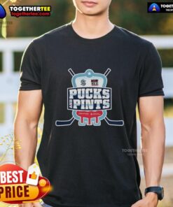 Alt Text: Original Seattle Kraken Pucks And Pints Logo T-Shirt featuring vibrant graphics and a comfortable fit for fans.
