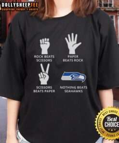 Original Seattle Seahawks ladies tee featuring 'Nothing Beats Rock, Scissors, Paper Beats Rock, Scissors Beats Paper' design.