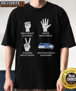 Alt Text: Original Seattle Seahawks T-Shirt featuring 'Nothing Beats Rock Beats Scissors Paper Beats Rock Scissors Beats Paper' design.