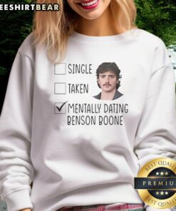 Original single 'Mentally Dating' Benson Boone sweatshirt displayed on a hanger, showcasing its unique design and style.