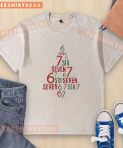 Alt Text: Original Six Seven Christmas Tree 67 meme on a washed t-shirt, perfect for holiday humor and festive fashion.