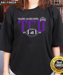 Alt Text: Original TCU Horned Frogs 2025 Valero Alamo Bowl logo on a ladies tee shirt, perfect for game day fashion.