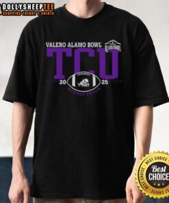 Alt Text: Original TCU Horned Frogs 2025 Valero Alamo Bowl logo T-shirt featuring vibrant team colors and design.