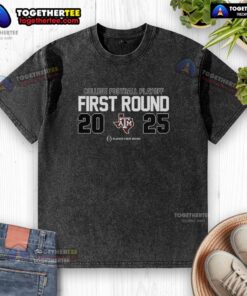 Original Texas A&M Aggies NCAA 2025 College Football Playoff First Round logo on a washed t-shirt.