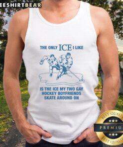 Two gay boyfriends skating on ice in a vibrant tank top, showcasing fun and love in a winter setting.