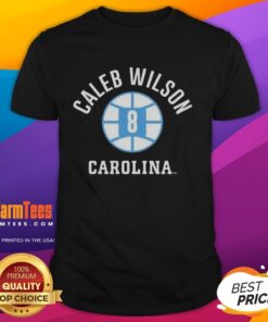 Alt Text: Original Unc Tar Heels Basketball T-Shirt featuring Caleb Wilson's name and number 8, perfect for fans and collectors.
