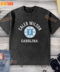 Alt Text: Caleb Wilson UNC Tar Heels basketball washed t-shirt featuring name and number 8, perfect for fans and collectors.