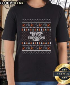 Original Virginia Tech Hokies Welcome to the Terrordome Baby Ugly Christmas Ladies Tee showcasing festive design.