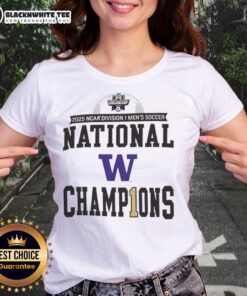 Original Washington Huskies 2025 NCAA Division Men's Soccer National Champions Ladies Tee featuring team logo and colors.