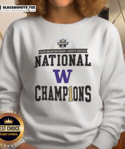 Original Washington Huskies 2025 NCAA Division Men's Soccer National Champions sweatshirt in purple and gold.
