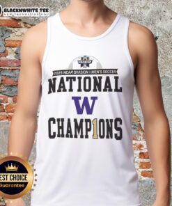 Alt Text: Original Washington Huskies 2025 NCAA Division Men's Soccer National Champions tank top featuring team logo and colors.