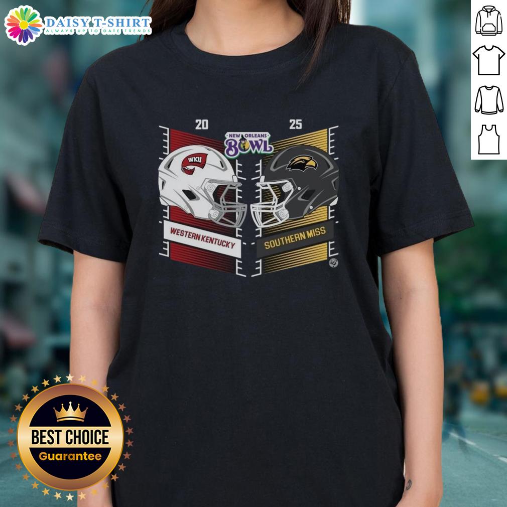 Original Western Kentucky Hilltoppers Vs Southern Miss Golden Eagles 2025 New Orleans Bowl Ladies-Tee Alt Text: 2025 New Orleans Bowl Ladies Tee featuring Western Kentucky Hilltoppers vs Southern Miss Golden Eagles design.