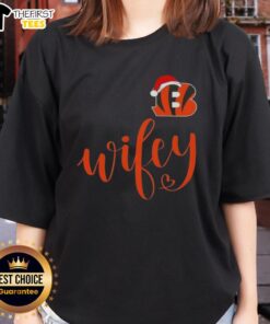 Cincinnati Bengals Santa hat graphic on 'Original Wifey' Merry Christmas ladies tee for festive fans.