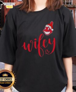 Alt Text: Original Wifey Cleveland Indians Santa Hat Merry Christmas Ladies Tee - festive holiday apparel for baseball fans.