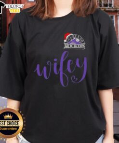 Original Wifey Colorado Rockies Santa Hat Merry Christmas Ladies Tee featuring festive design and team logo.