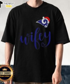 Original Wifey Los Angeles Rams Santa Hat Merry Christmas T-Shirt featuring festive design and team colors for holiday cheer.