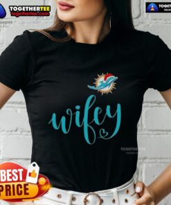 Original Wifey Miami Dolphins Merry Christmas ladies tee with Santa hat design, perfect for festive football fans.