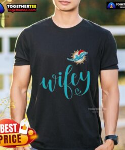 Alt Text: Original Wifey Miami Dolphins Santa Hat Merry Christmas T-Shirt featuring festive holiday design for fans.