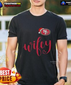 Alt Text: Original Wifey San Francisco 49ers Santa Hat Merry Christmas T-Shirt featuring festive design for holiday fans.