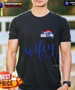 Original Wifey Seattle Seahawks Santa Hat Merry Christmas T-Shirt featuring festive design and team colors.