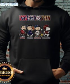 Awesome Peanuts hoodie featuring Washington Capitals, Wizards, Nationals, and Commanders logos in vibrant colors.