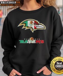 Alt Text: Baltimore Ravens football sweatshirt featuring a vibrant Mexican flag logo for stylish game day wear.