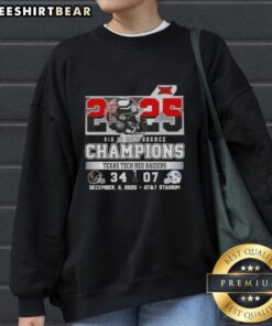 Premium 2025 Big 12 Conference Champions Texas Tech Red Raiders sweatshirt featuring football helmets at AT&T Stadium.