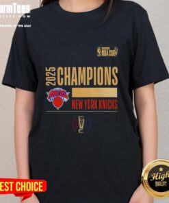 Premium 2025 NBA Cup Champions New York Knicks logo on a stylish ladies tee, perfect for fans and fashion lovers.