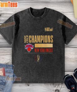 Premium 2025 NBA Cup Champions New York Knicks logo on a washed t-shirt, perfect for fans and collectors.