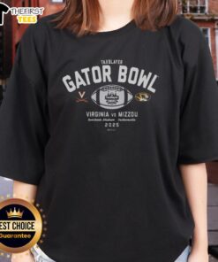 Alt Text: Premium 2025 TaxSlayer Gator Bowl ladies tee featuring Virginia Cavaliers vs Missouri Tigers design.