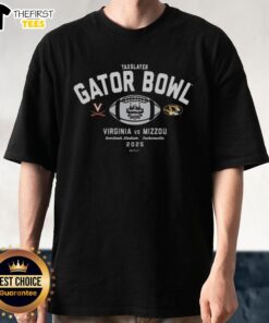 Alt Text: Premium 2025 TaxSlayer Gator Bowl T-Shirt featuring Virginia Cavaliers vs Missouri Tigers graphic design.